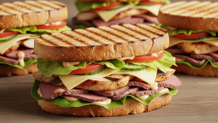 Gourmet sandwiches laid out on a simple wooden table