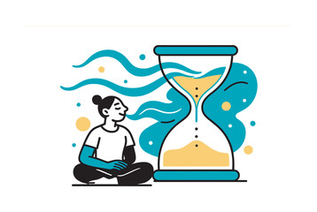 Mindful Hourglass Meditation. Breath Timer Hourglass. A serene figure sits beside a large stylized hourglass, whose falling sand transforms into flowing breath