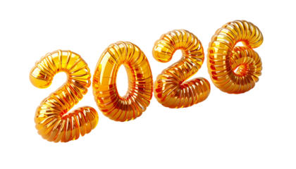 Gold metallic numbers form "2026" on black background, celebratory