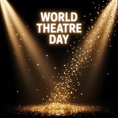 Golden confetti falling under bright stage lights with Theatre Day text