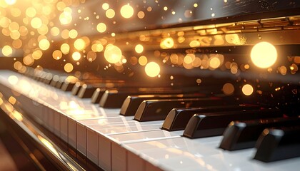 Close-up of a piano keyboard. Glowing orbs of light radiate from the instrument, suggesting music. Wooden interior in focus