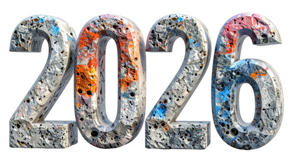 Textured, colorful 2026 numerals on black, graffiti-like appearance
