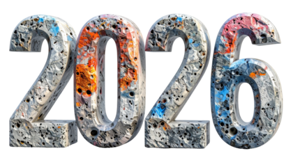 Textured, colorful 2026 numerals on black, graffiti-like appearance