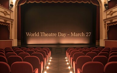 Empty Red Seats in an Theatre with Theatre Day Text on Screen