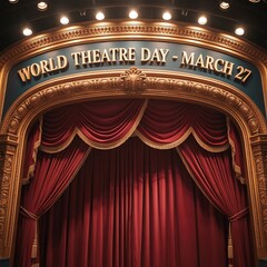 Theatre Proscenium Arch with Red Curtain and Gold Ornamentation