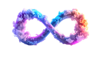 An ethereal infinity symbol composed of colorful, fluffy cloud-like shapes
