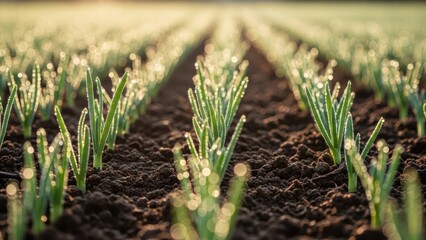 Rows of young green plants growing in a field with rich soil.
