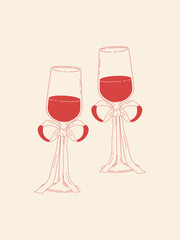 Two elegant wine glasses decorated with ribbon bows. Romantic minimal line illustration for wedding, love, celebration, anniversary, party invitations and festive designs.