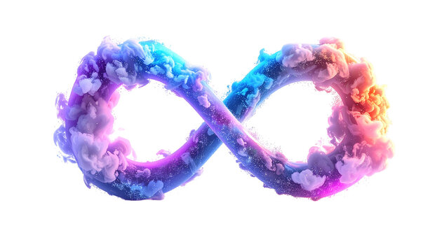 An ethereal infinity symbol composed of colorful, fluffy cloud-like shapes