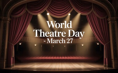 Empty Theatre Stage with Red Curtains and Spotlights on March 27 Theatre Day