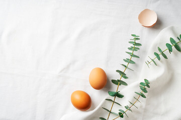 Easter concept background with brown eggs, eucalyptus leaves