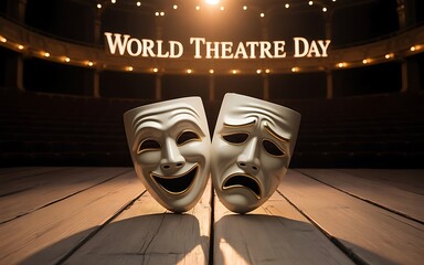 Two classical comedy and tragedy masks on a wooden stage with Theatre Day text