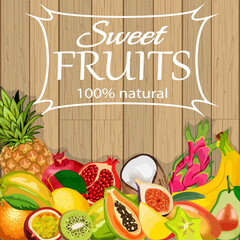 Banner with tropical fruits and text on wooden background.Vector illustration with tropical fruits on wooden background with text. © Anatolii