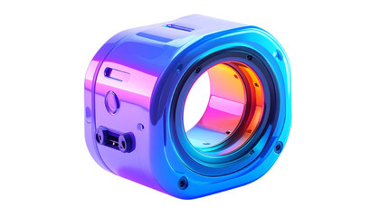 Futuristic iridescent tech device with a circular opening, set on black