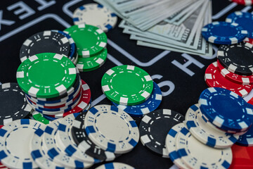Rich casino scene with poker chips and dollar banknotes symbolizing success, money, wealth and gambling