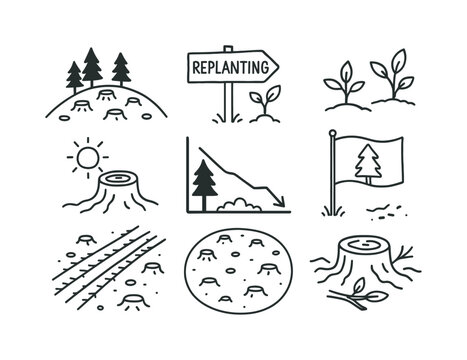 Deforestation Impact Doodles. Clearcut. Hand-drawn doodle illustration Clearcut hilltop cleared, replanting sign, tree regrowth icon, barren ground, sun over