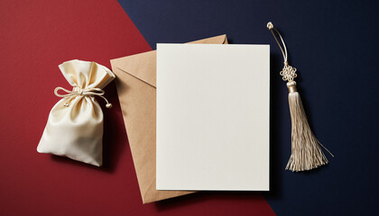 Blank greeting card with Korean traditional lucky pouch and tassel on red and navy background