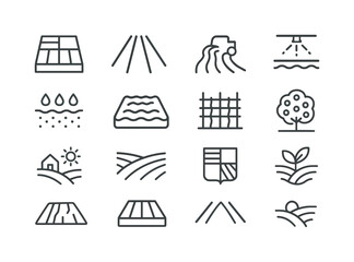 Land Icons Set. Land. Line icon set of Land: agricultural plot, crop rows, tractor path, irrigation symbol, soil moisture icon, plowed field, vineyard grid,
