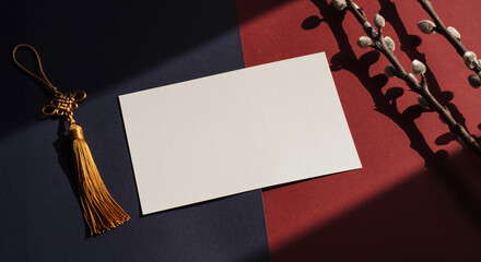 Blank horizontal card with Korean traditional tassel and plum blossom branch on red and navy background