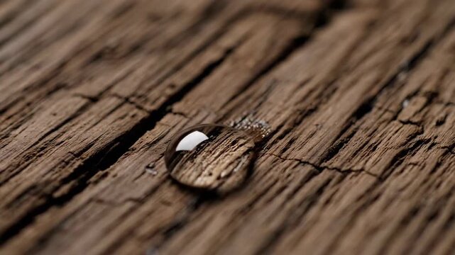 Macro Shot of Water Drop Falling on Textured Wood Surface