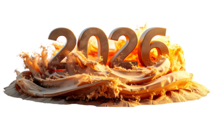 Golden "2026" emerges from liquid swirl on black background