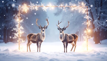 Two majestic deer stand in a snow-covered forest beneath a glowing arch adorned with snowflakes and lights, creating a winter scene