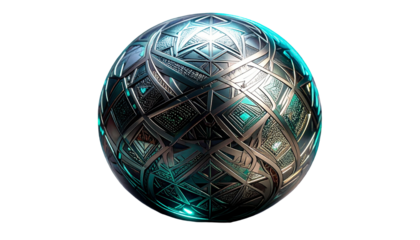 Intricate, metallic sphere with geometric patterns, glowing with turquoise light