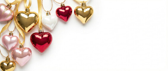 Flat lay of colorful heart shaped baubles hanging on gold ribbons with copy space on white background. Valentine's day or Christmas concept.