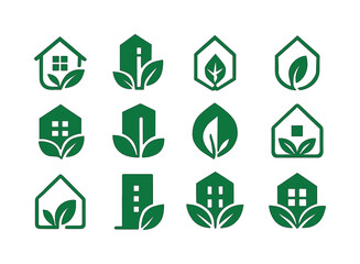 Obraz premium Green Building Logos. Green buildings. Icon set. Set Logo of Green buildings: passive house symbol. harmonious logo variations of the same emblematic concept,
