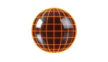 Transparent globe with neon orange grid on black backdrop