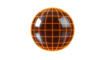 Transparent globe with neon orange grid on black backdrop