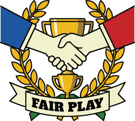 Fair play sports emblem featuring a handshake between opposing teams over a gold trophy and laurel wreath with a text banner, vector illustration.