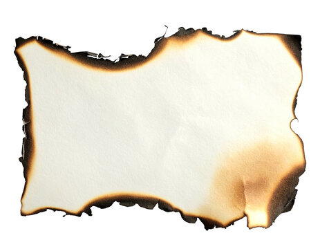Close-up of a rectangular sheet of white paper with edges charred by fire
