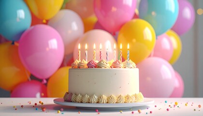A festive birthday cake adorned with lit candles and colorful balloons in the background, perfect for celebrations