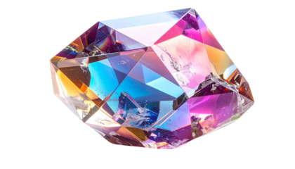 Iridescent crystal reflects light, showcasing multiple vibrant colors