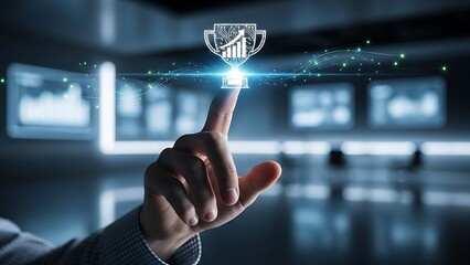 hand touching trophy icon with financial chart and data graph symbolizing success and business achievement