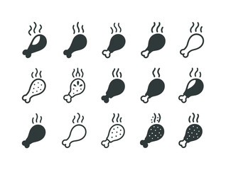 Fried Chicken Icons. Crispy fried chicken. Icon set. Set Logo of Crispy fried chicken: chicken drumstick with steam lines. harmonious logo variations of the