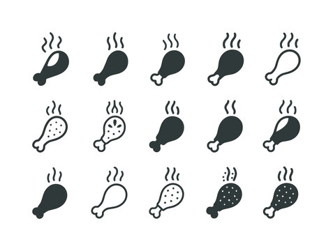 Fried Chicken Icons. Crispy fried chicken. Icon set. Set Logo of Crispy fried chicken: chicken drumstick with steam lines. harmonious logo variations of the