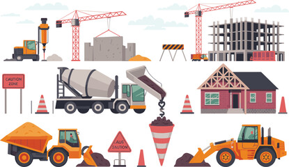 Construction site illustration with workers, cranes, concrete mixer trucks, excavators, house building, heavy machinery, civil engineering, industrial development concept © W. Fernandez