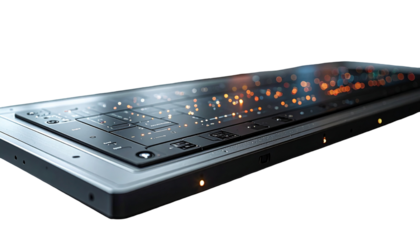 A high-tech, futuristic tablet-like device, glowing with intricate details