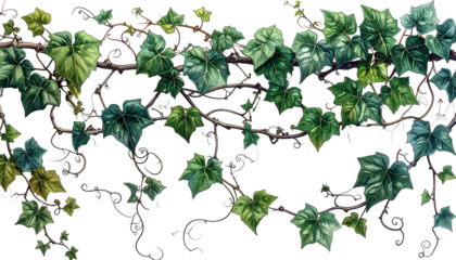 Lush, digital illustration of winding vines with green and blue-green leaves