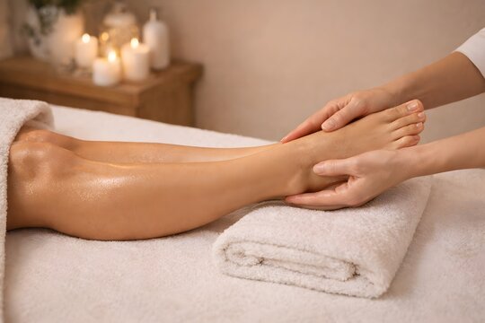 Therapist performing manual lymphatic drainage leg massage to improve lymph system flow, support body detox and swelling reduction in wellness therapy recovery and self care beauty treatment