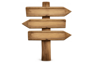 Wooden signpost with three blank arrows pointing left, indicating choices, direction, or custom messages on transparent background