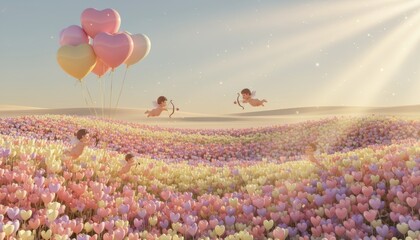 3D Flower Field Full of Heart-Shaped Flowers with Cupid and Floating Heart Balloons