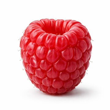 Fresh ripe raspberry macro isolated on white background, single red berry, close up
