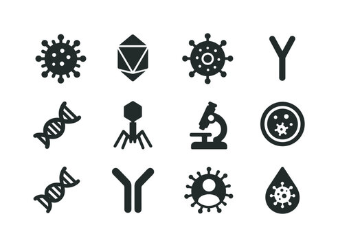 Virus Icon Set. Virus. Solid icon set of Virus: viral particle, capsid, envelope, spike protein, RNA strand, bacteriophage, microscope, petri dish, DNA strand,