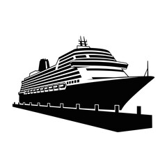Obraz premium Large Cruise Ship Silhouette Docked At Wharf For Modern Travel And Maritime Tourism Graphics