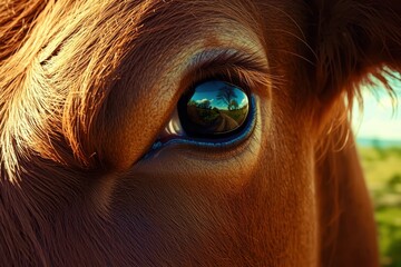 A cow's eye is reflected in the camera lens