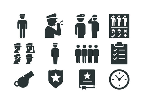 Military Protocol Icons. Military protocols. Solid icon set of Military protocols: attention pose, command call icon, inspection icon, dress code chart, salute