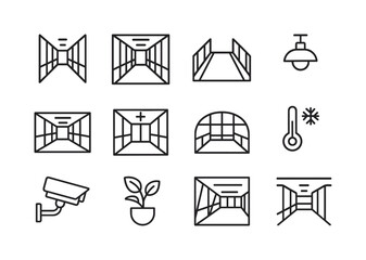 Indoor Skybridge Icons. Indoor skybridges. Line icon set of Indoor skybridges: interior corridor, glass partition, carpeted walkway, handrails,